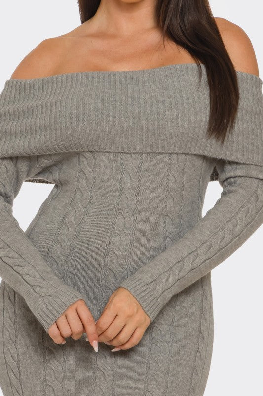 Cozy Cable Knit Off-Shoulder Sweater Dress - PREORDER