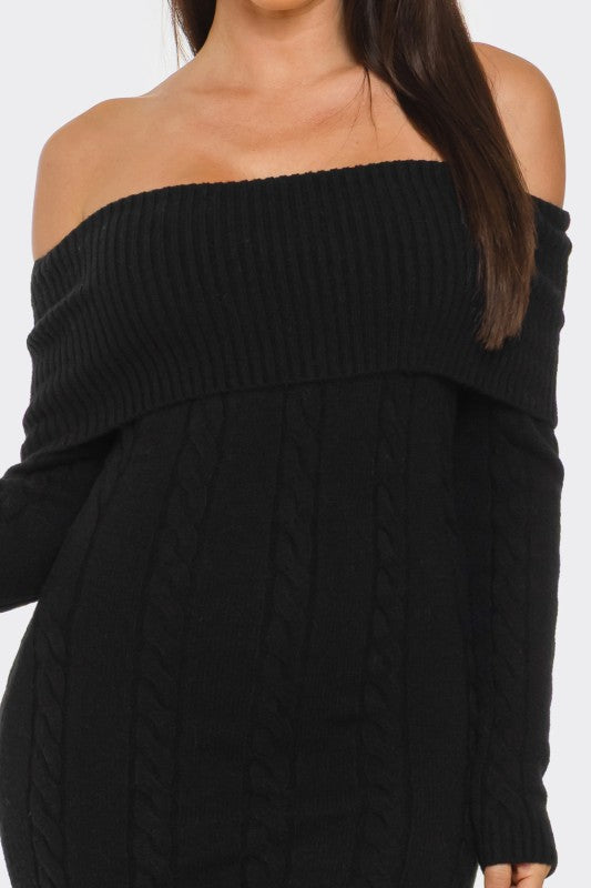 Cozy Cable Knit Off-Shoulder Sweater Dress - PREORDER