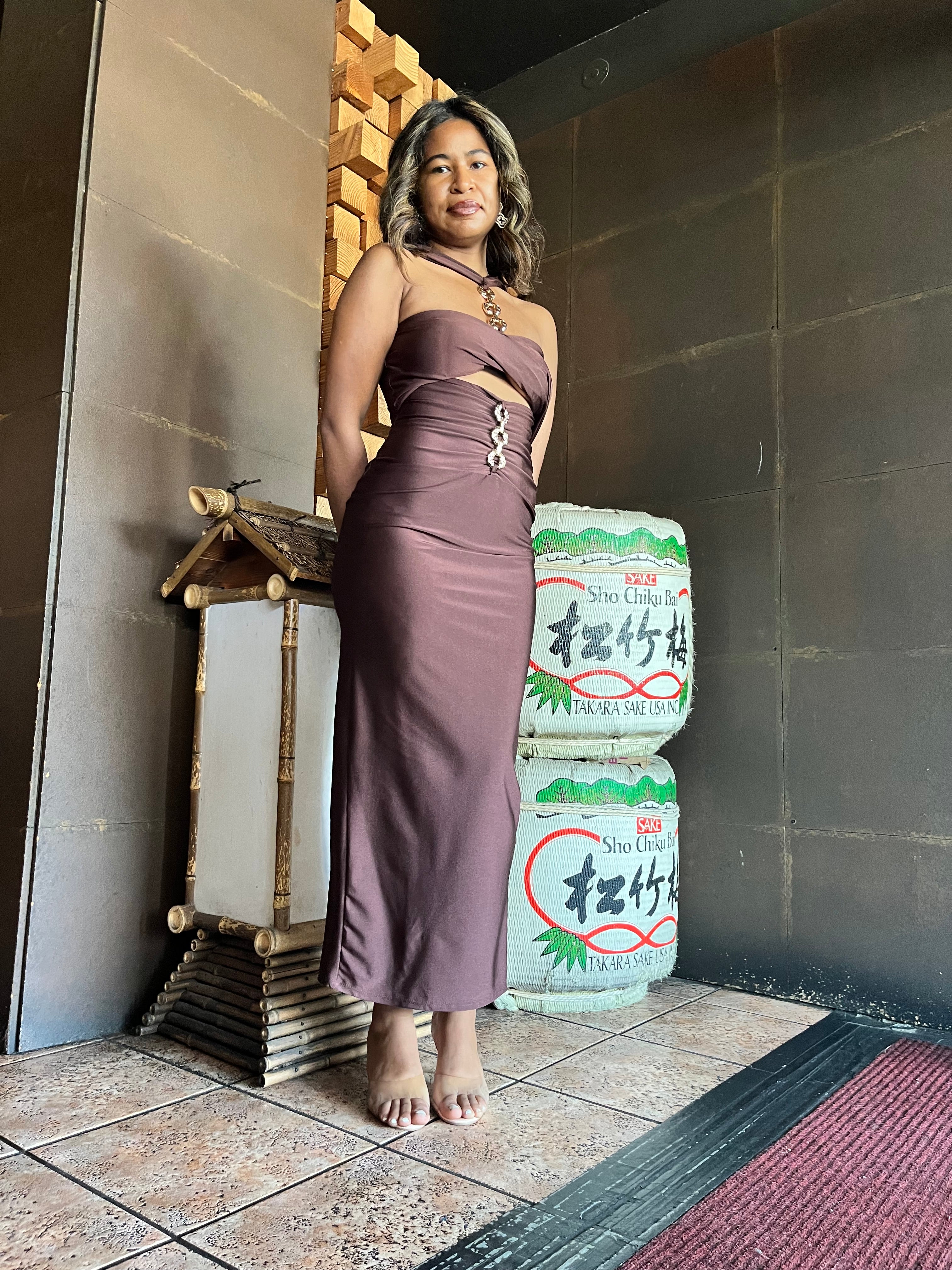 Celeste Chain Detail Midi Dress - Brown
