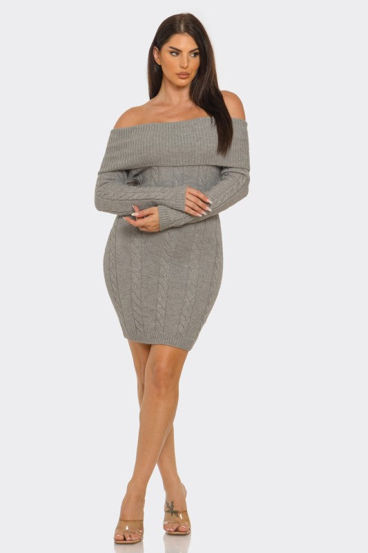 Cozy Cable Knit Off-Shoulder Sweater Dress - PREORDER