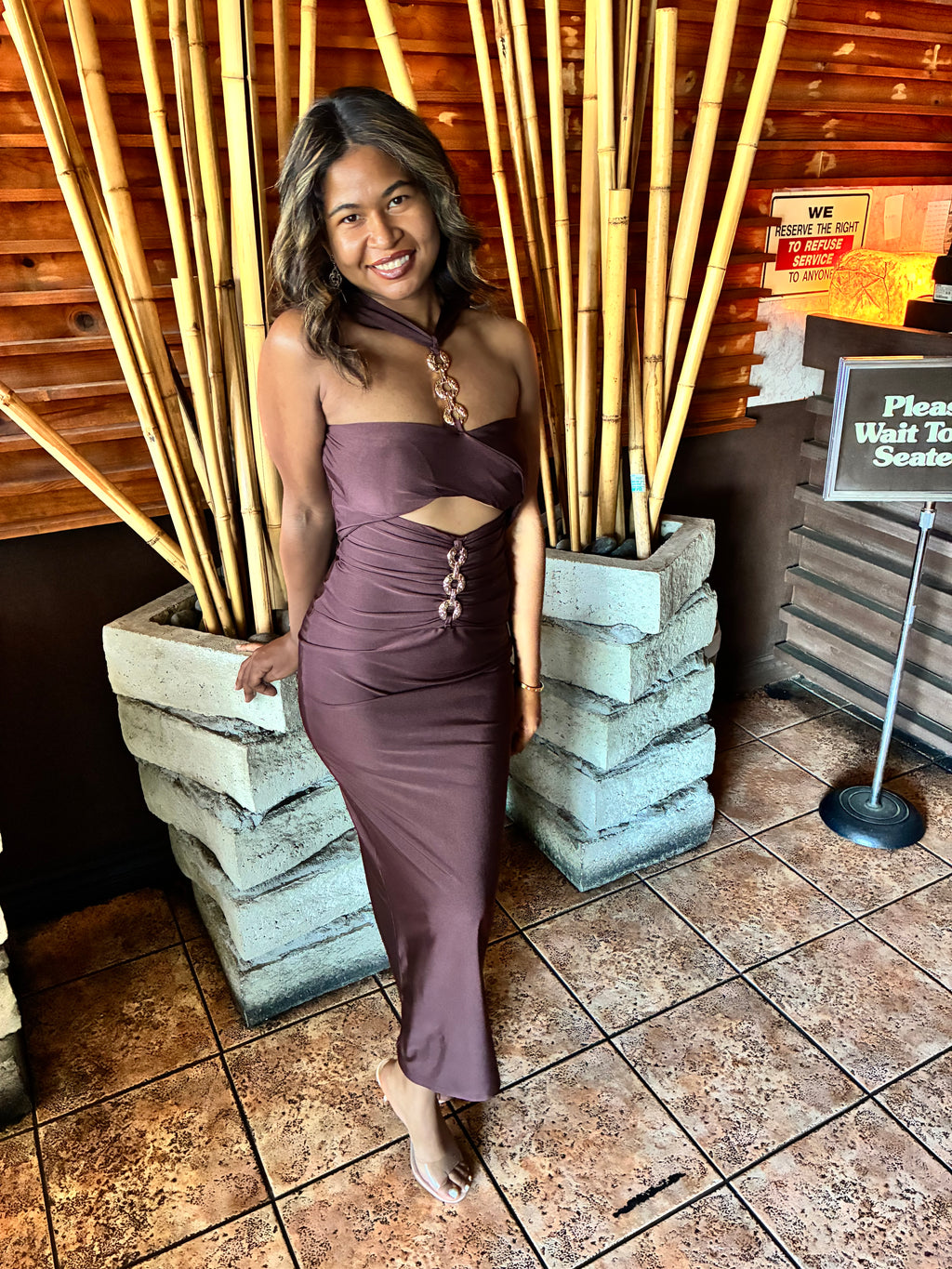 Celeste Chain Detail Midi Dress - Brown