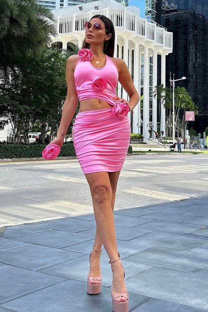 Jessica Bara Calista Ruched Rose Mini Dress