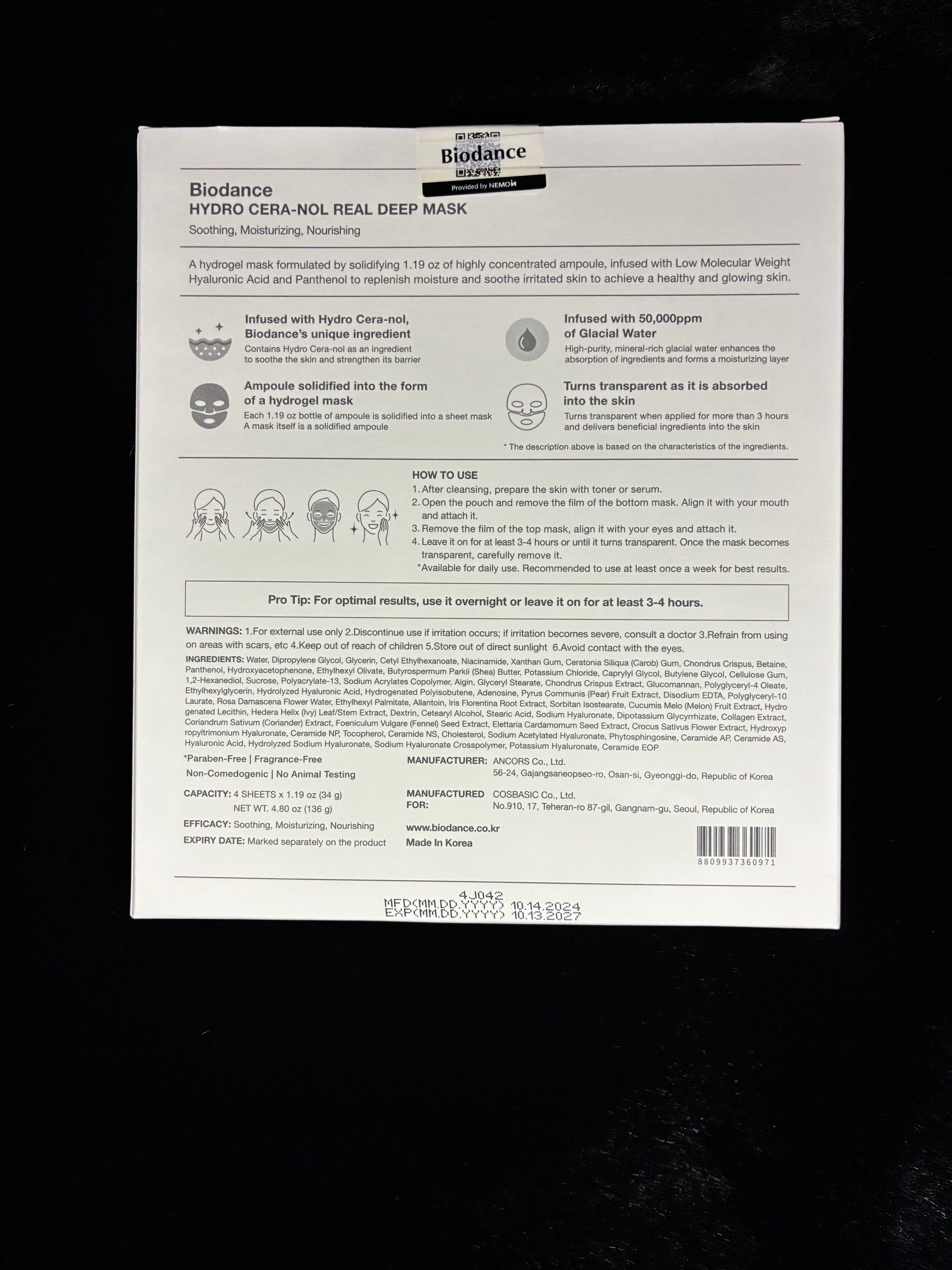 BIODANCE Hydro Cera-Nol Real Deep Mask - 4 Pack