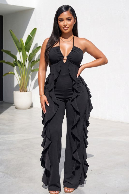 Ruffle Trim Halter Jumpsuit - PREORDER