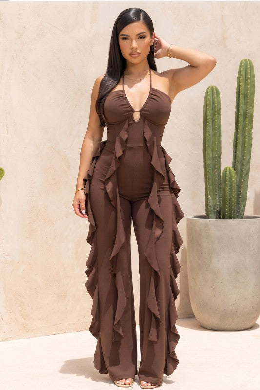 Ruffle Trim Halter Jumpsuit - PREORDER