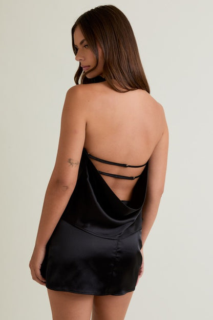 Black Satin Halter Top with Gold Appliqué