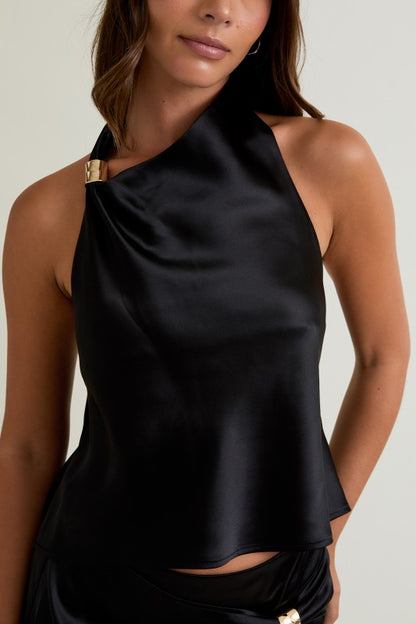 Black Satin Halter Top with Gold Appliqué