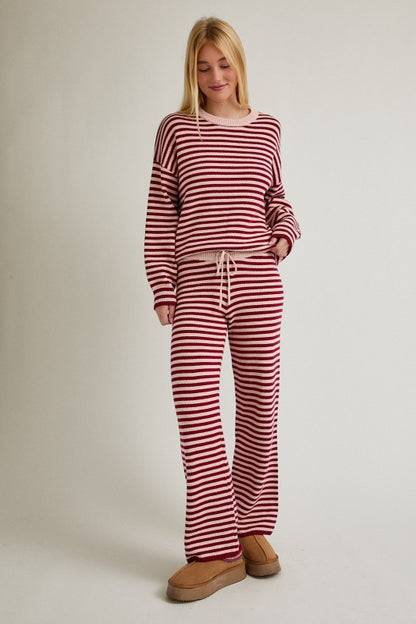 Striped Crew Neck Sweater Set with Matching Bottoms