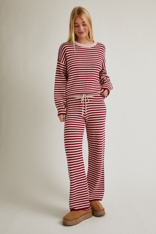 Striped Crew Neck Sweater Set with Matching Bottoms