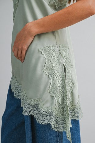 Carly Asymmetric Satin Cami Top with Lace Trim - PREORDER