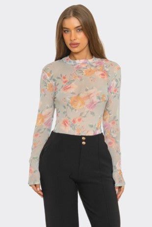 Floral Long Sleeve Mesh Top - PREORDER