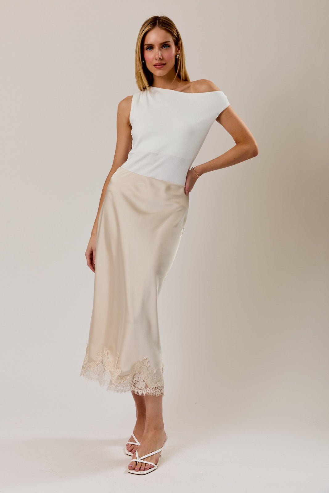 Krystal Lace Applique Satin Bias Midi Skirt - PREORDER