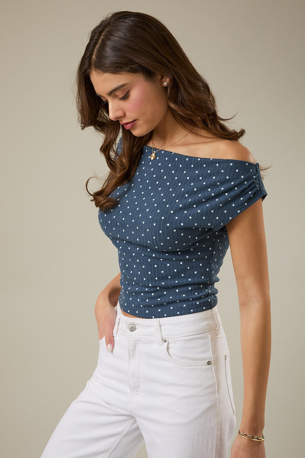 Slouchy Shoulder Sleeveless Polka Dot Rib Top - PREORDER