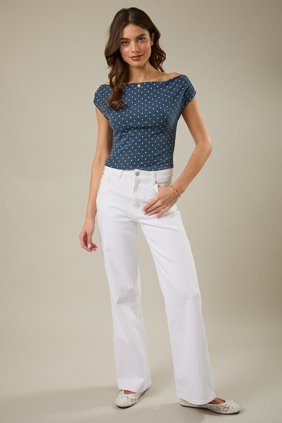 Slouchy Shoulder Sleeveless Polka Dot Rib Top - PREORDER