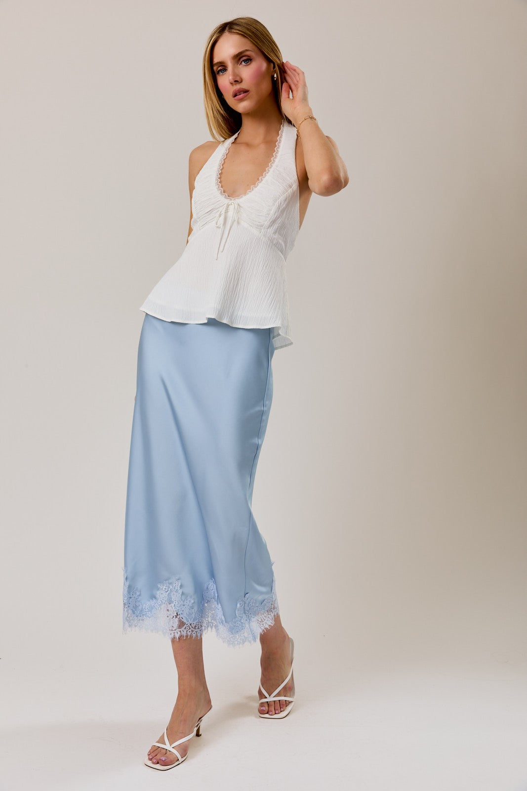 Krystal Lace Applique Satin Bias Midi Skirt - PREORDER