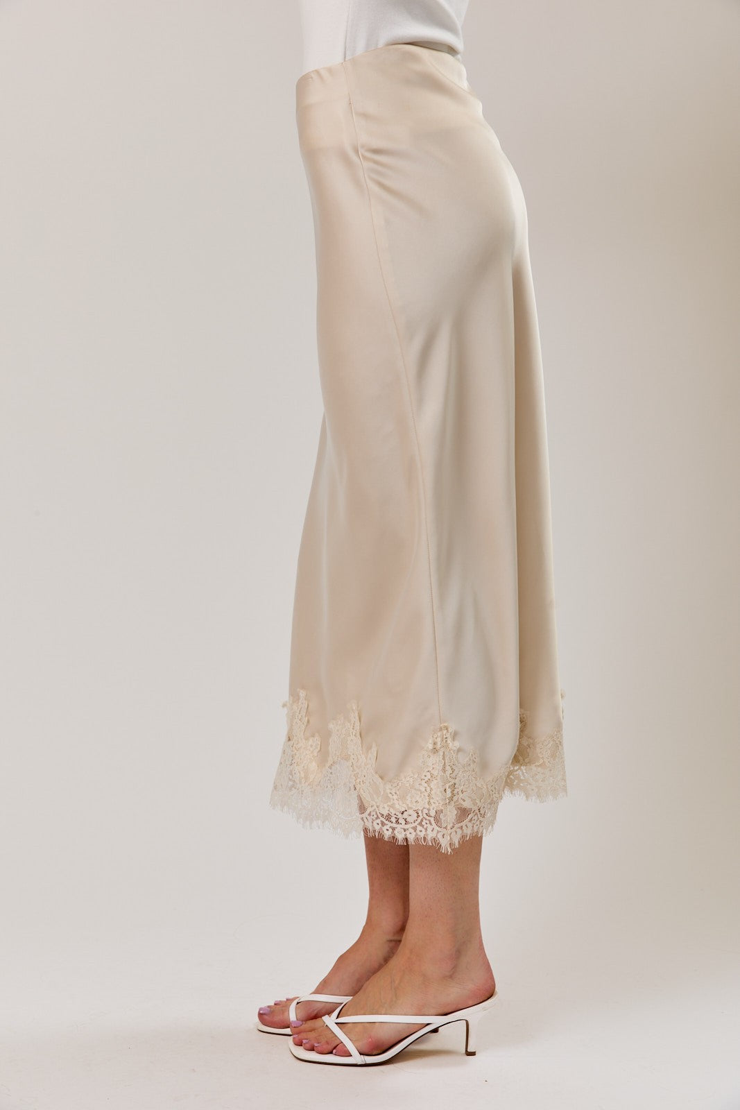 Krystal Lace Applique Satin Bias Midi Skirt - PREORDER