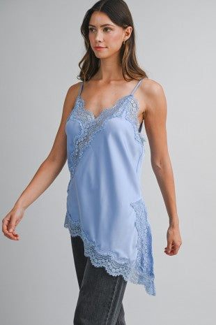 Carly Asymmetric Satin Cami Top with Lace Trim - PREORDER