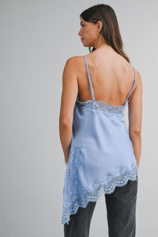 Carly Asymmetric Satin Cami Top with Lace Trim - PREORDER