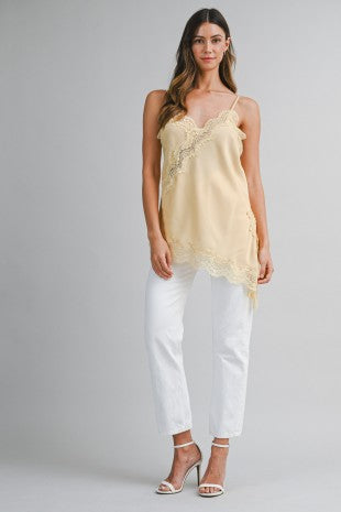 Carly Asymmetric Satin Cami Top with Lace Trim - PREORDER