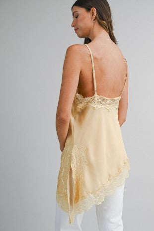 Carly Asymmetric Satin Cami Top with Lace Trim - PREORDER