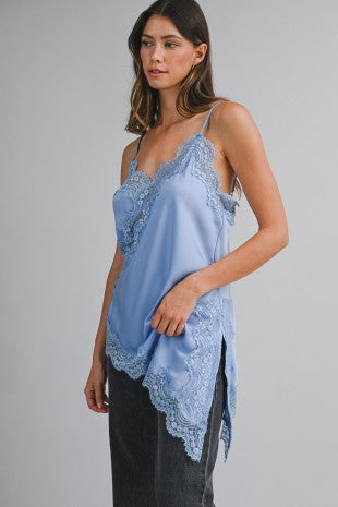 Carly Asymmetric Satin Cami Top with Lace Trim - PREORDER