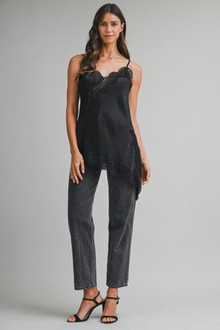 Carly Asymmetric Satin Cami Top with Lace Trim - PREORDER