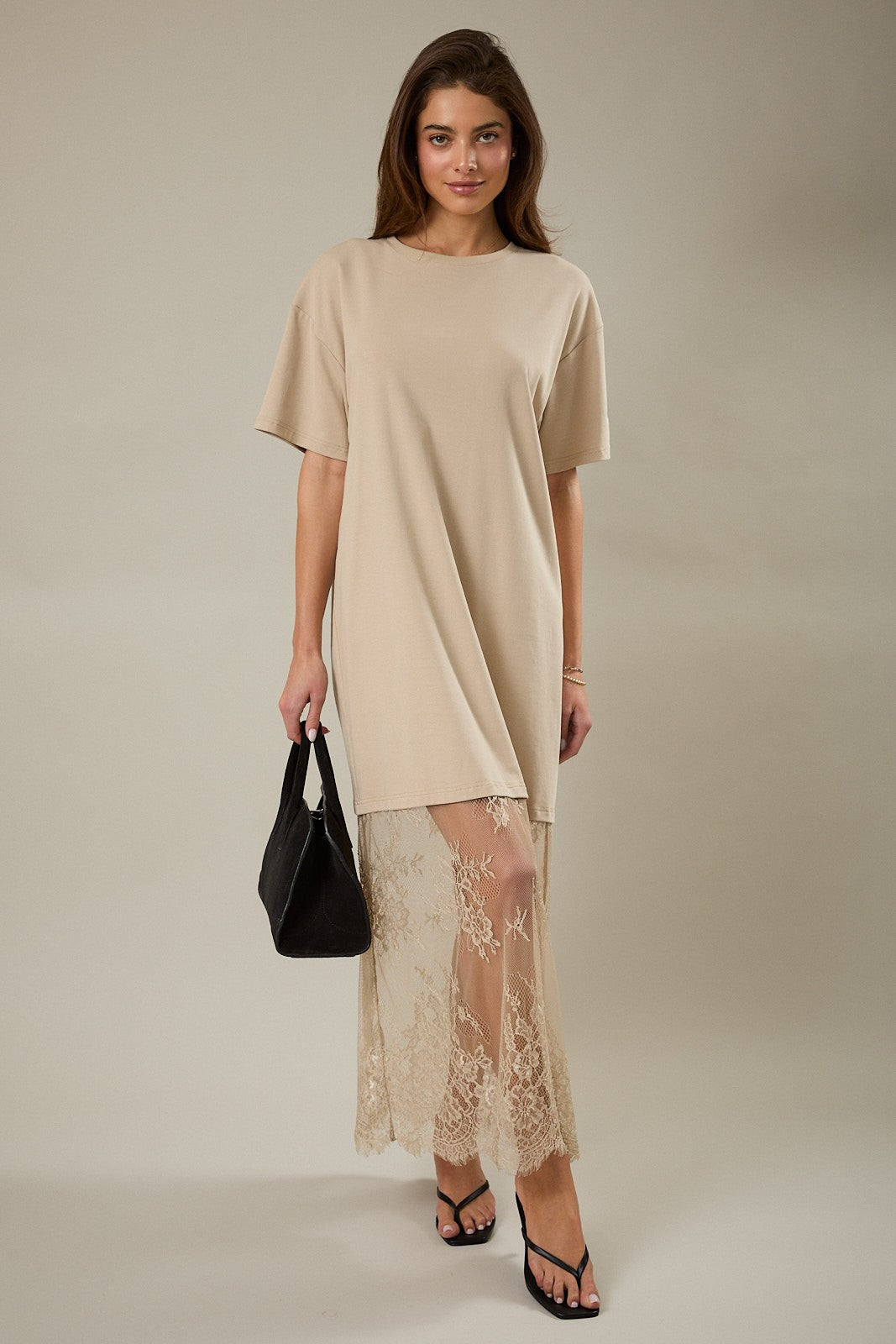 Round Neck Lace Joined T-shirt Maxi Dress - PREORDER