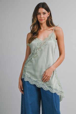Carly Asymmetric Satin Cami Top with Lace Trim - PREORDER