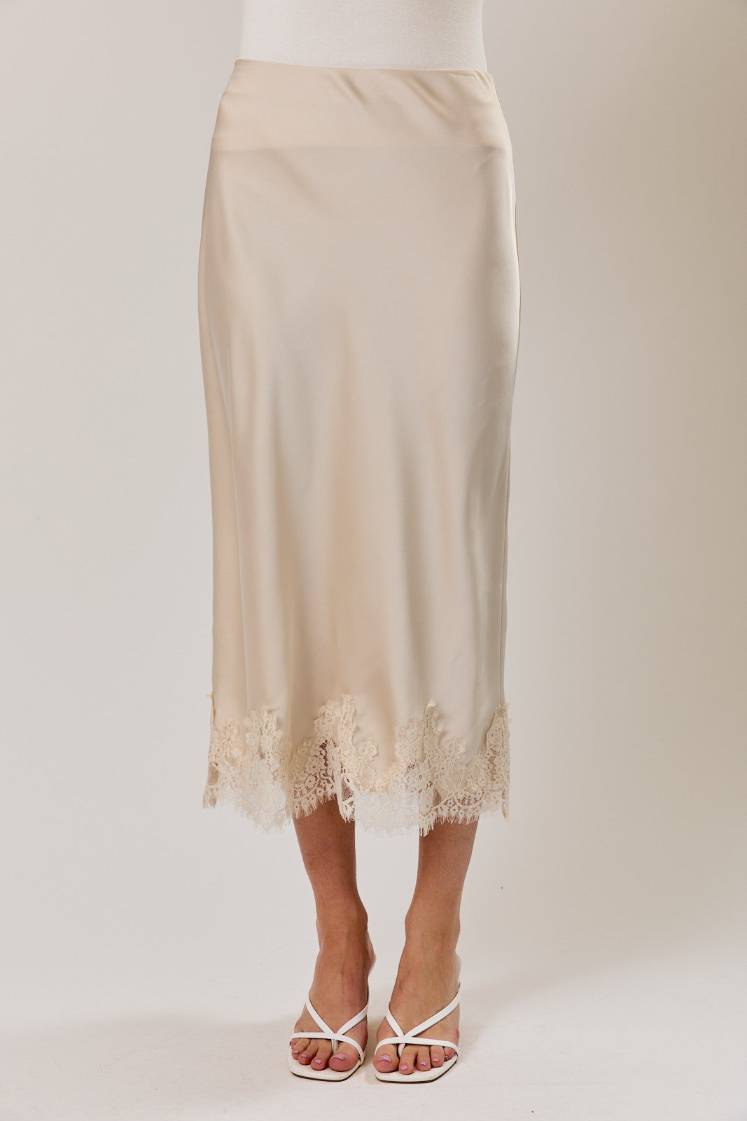 Krystal Lace Applique Satin Bias Midi Skirt - PREORDER