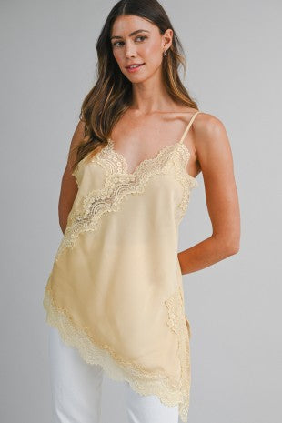 Carly Asymmetric Satin Cami Top with Lace Trim - PREORDER