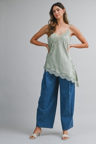 Carly Asymmetric Satin Cami Top with Lace Trim - PREORDER