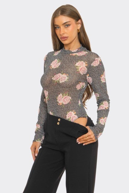 Floral Long Sleeve Mesh Top - PREORDER