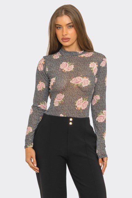 Floral Long Sleeve Mesh Top - PREORDER