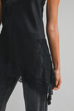 Carly Asymmetric Satin Cami Top with Lace Trim - PREORDER