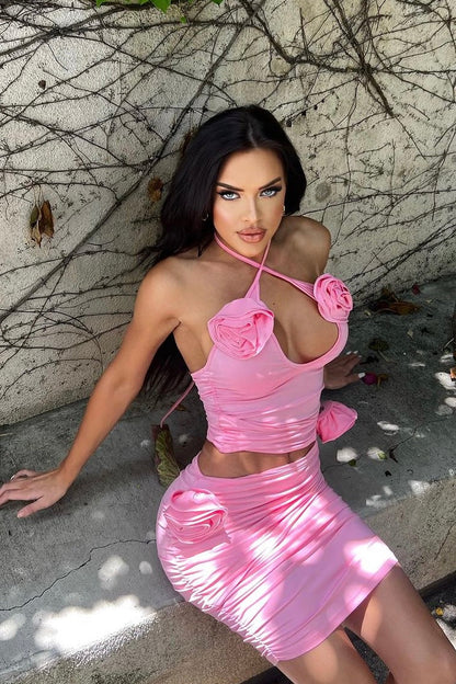 Jessica Bara Calista Ruched Rose Mini Dress