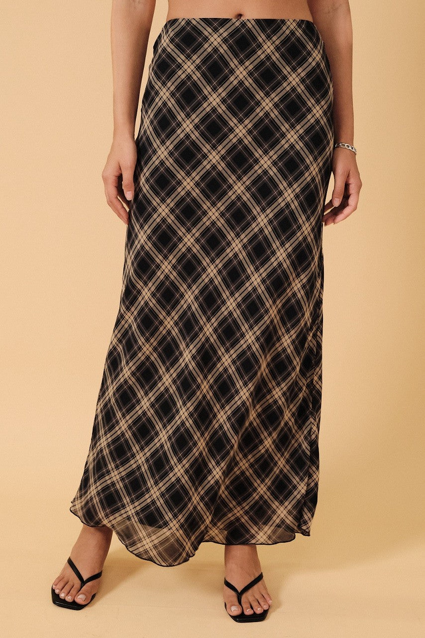 High Waist Plaid Chiffon Midi Skirt - PREORDER
