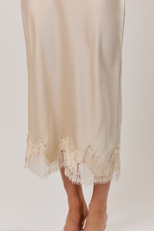 Krystal Lace Applique Satin Bias Midi Skirt - PREORDER
