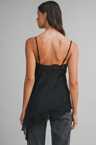 Carly Asymmetric Satin Cami Top with Lace Trim - PREORDER