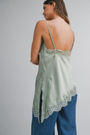 Carly Asymmetric Satin Cami Top with Lace Trim - PREORDER