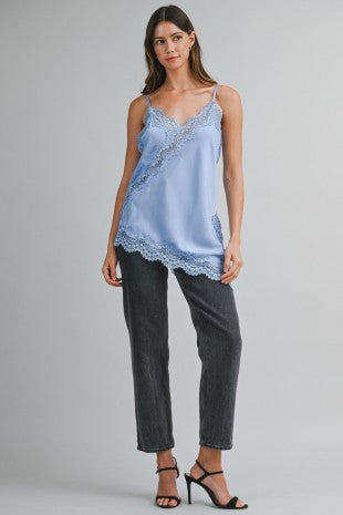 Carly Asymmetric Satin Cami Top with Lace Trim - PREORDER