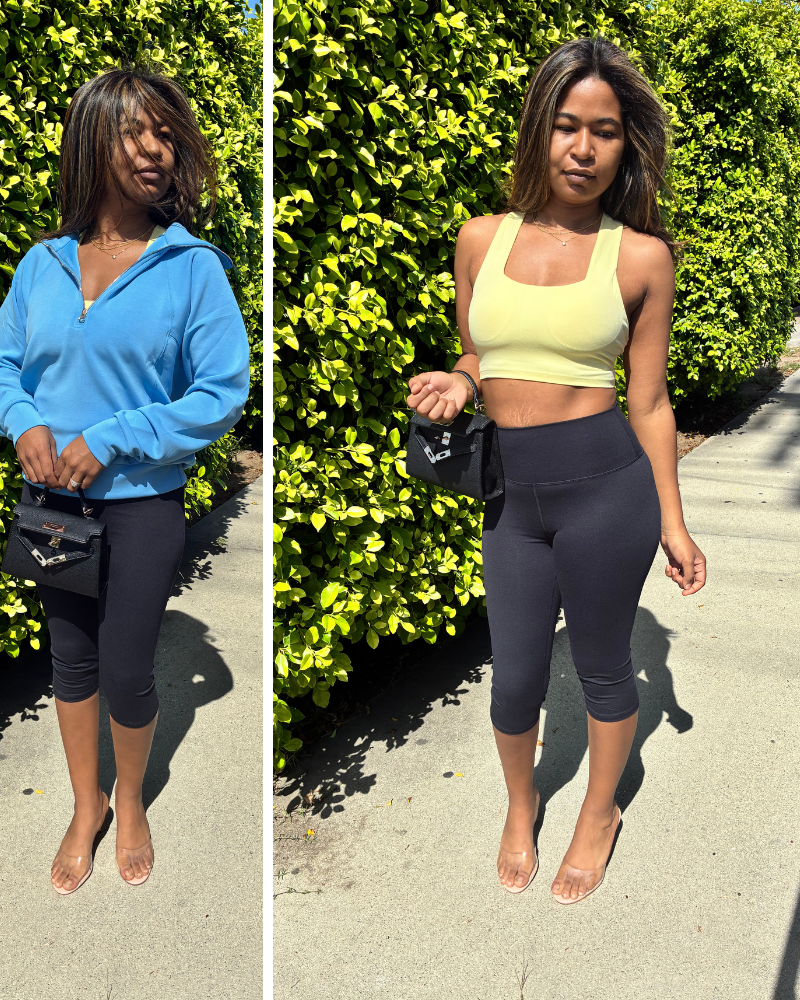 Two images of a woman in different outfits standing outdoors with greenery in the background.